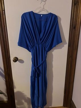 Electric Blue V-Neck Maxi Dress with Tie Waist